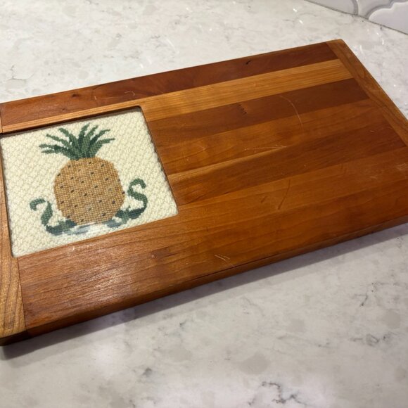 Vintage Charcuterie, Cheese or Cutting Board with Cross Stitch Pineapple Inlay - Picture 3 of 6